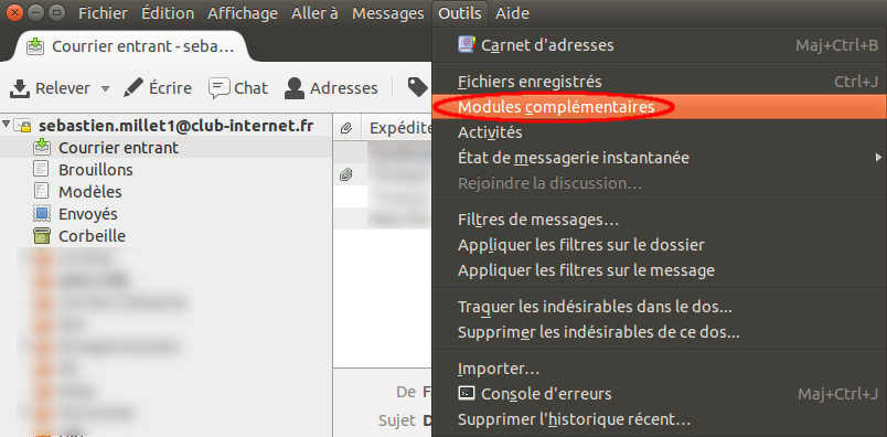 Menu Thunderbird Outils | Modules complémentaires