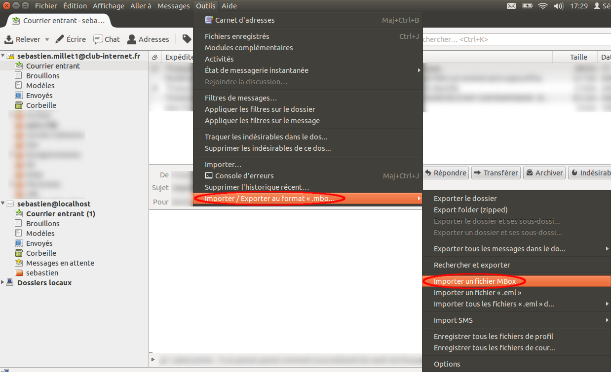 Menu Thunderbird Outils | Importer / Exporter au format «.mbo... | Importer un fichier Mbox